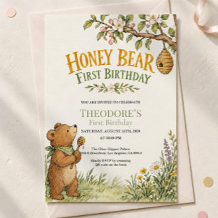 Honey Bear Floral Woodland First Birthday Invitation