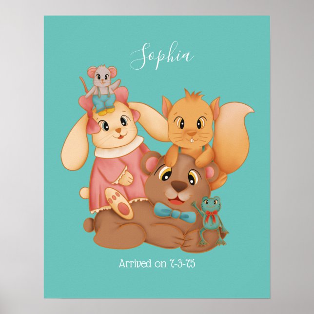 Honey Bear & Friends, DIY Name White, Light Teal Poster (Front)