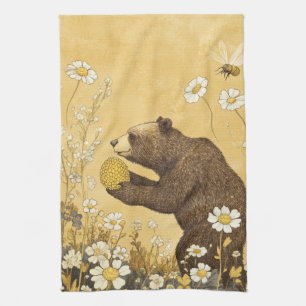 Honey Bear in Wildflower Meadow Tea Towel