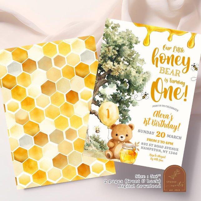Honey Bear is Turning One Birthday Invitation (Creator Uploaded)