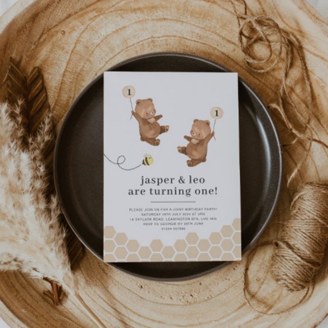 Honey Bear Twins First Bee-day Invitation (Creator Uploaded)