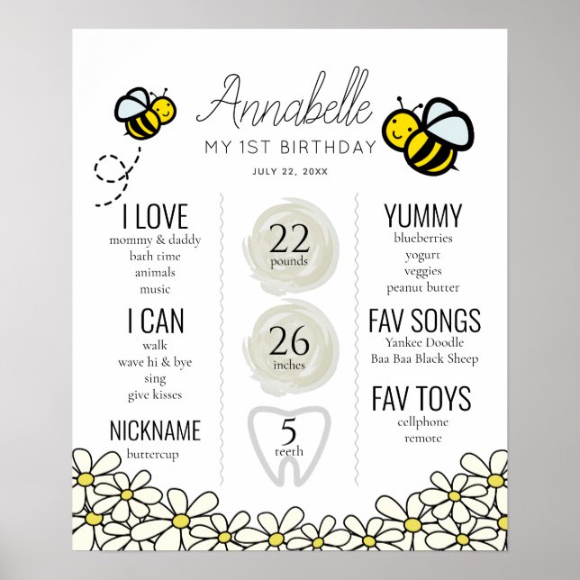 Honey Bee1st Birthday Milestone White Poster (Front)