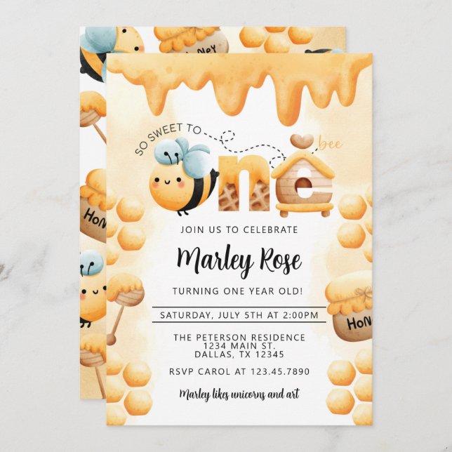 Honey Bee 1st Birthday Party Invitation (Front/Back)