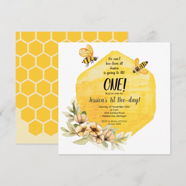 Honey Bee 1st Birthday Party Invitation Girl (Front/Back)