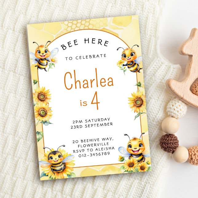 Honey Bee 4th Birthday Invitation (Honey Bee 4th Birthday Invitation)