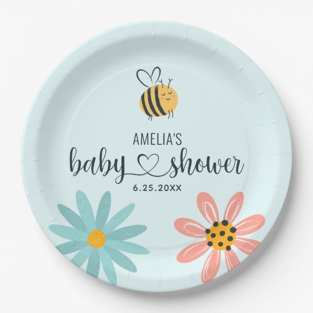 Honey Bee and Flowers Baby Shower Paper Plates (Front)