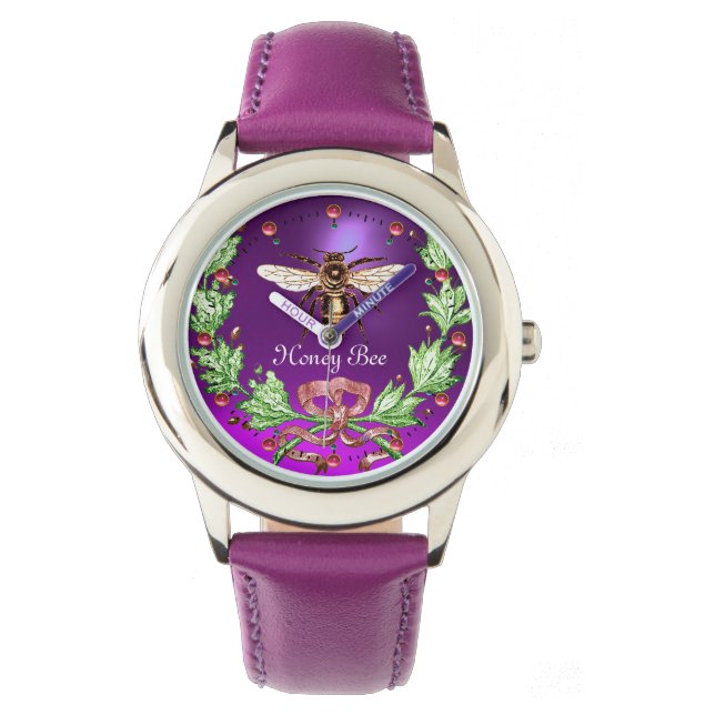 HONEY BEE AND GREEN FLORAL CROWN Beekeeper Purple Watch (Front)
