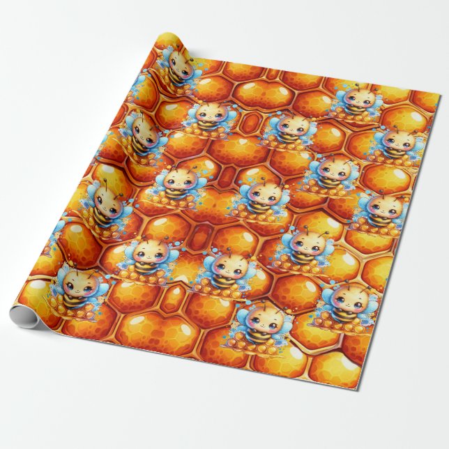 Honey bee and Honeycomb Baby Shower  Wrapping Paper (Unrolled)