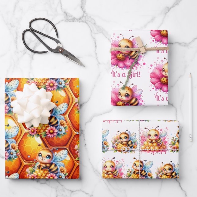 Honey bee and Honeycomb Baby Shower  Wrapping Paper Sheet (Front)