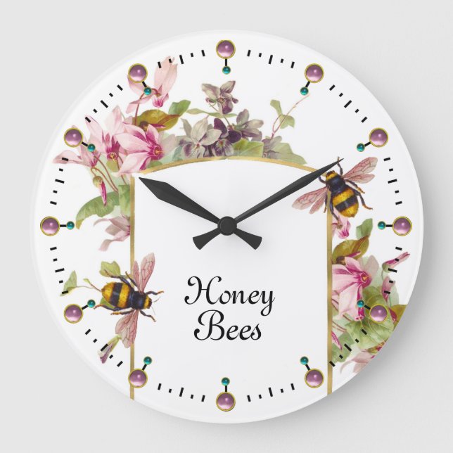 HONEY BEE AND PINK CYCLAMENS,BEEKEEPER LARGE CLOCK (Front)