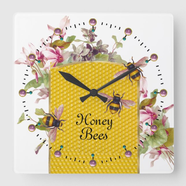 HONEY BEE AND PINK CYCLAMENS,BEEKEEPER SQUARE WALL CLOCK (Front)