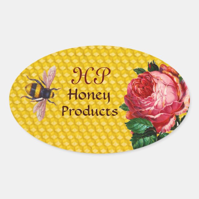 HONEY BEE AND PINK ROSE,BEEKEEPER MONOGRAM OVAL STICKER (Front)