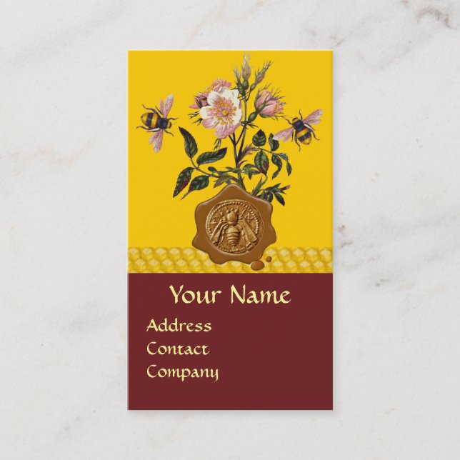 HONEY BEE AND WILD ROSES ,BEEKEEPER WAX SEAL BUSINESS CARD (Front)
