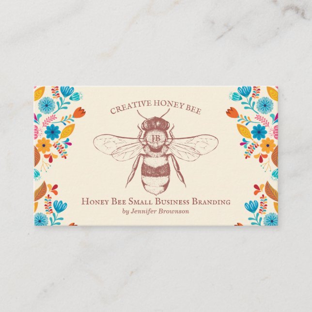 Honey Bee Apiary Flowers handdrawn Business Card (Front)
