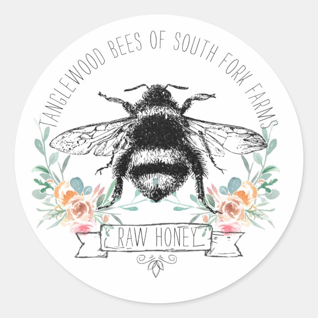 Honey Bee Apiary Honey Jar Label l Pink Floral (Front)