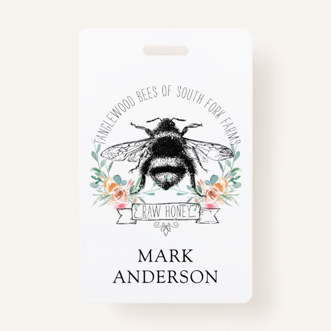 Honey Bee Apiary Honey Jar Label l Pink Floral ID Badge (Front)