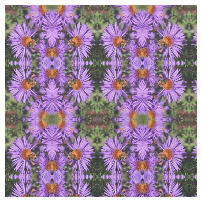 Honey Bee Aster Flower Nature Pattern Fabric (Close Up)