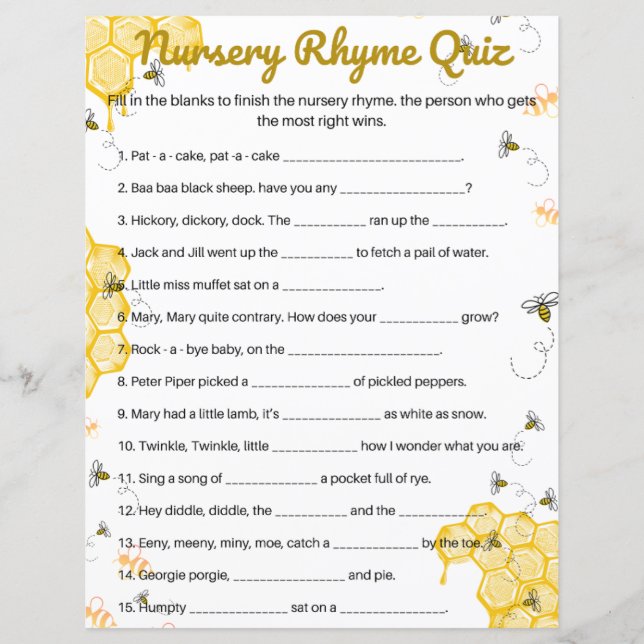 Honey Bee Baby Shower Nursery Rhymes Game (Front)