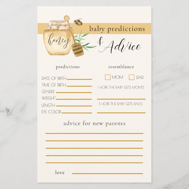 Honey Bee Baby Shower Prediction Game (Front)
