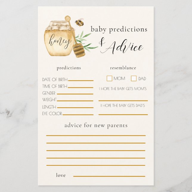 Honey Bee Baby Shower Prediction Game (Front)