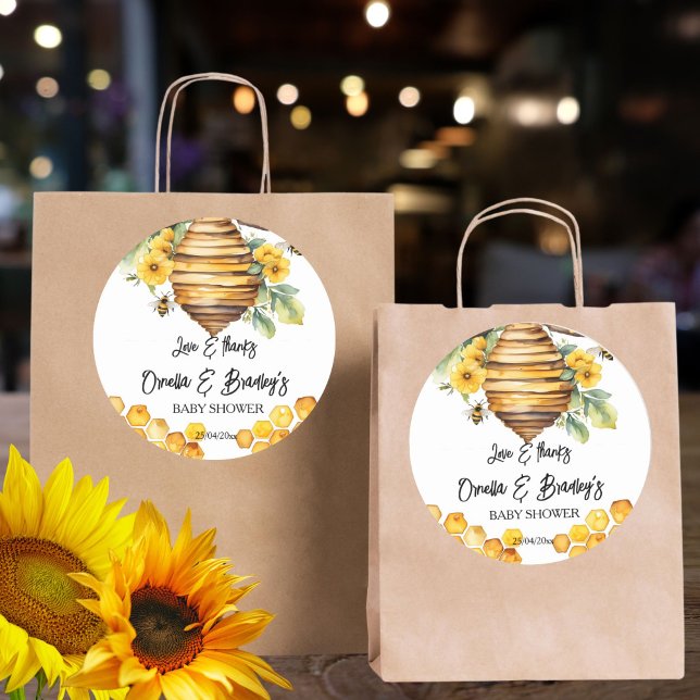 Honey bee baby shower thank you favour template classic round sticker (Honey bee baby shower thank you favor template stickers beehive yellow flowers favor stickers cute)