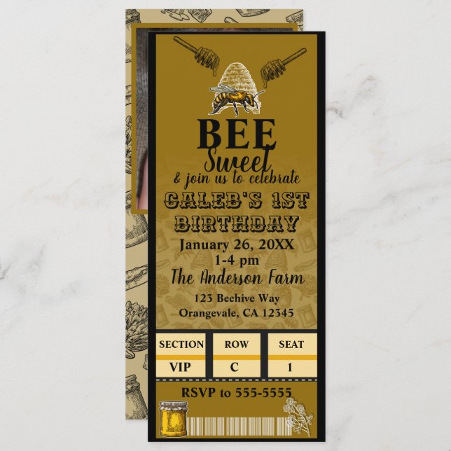 Honey Bee Beehive Birthday Party Photo Ticket Invitation (Front/Back)