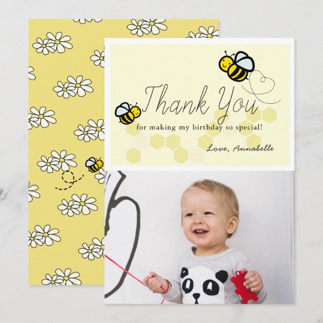 Honey Bee Birthday Yellow Floral Thank You Card (Front/Back)