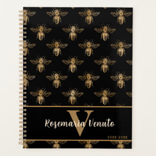 Honey Bee Black and Gold Personalised Monogram Planner
