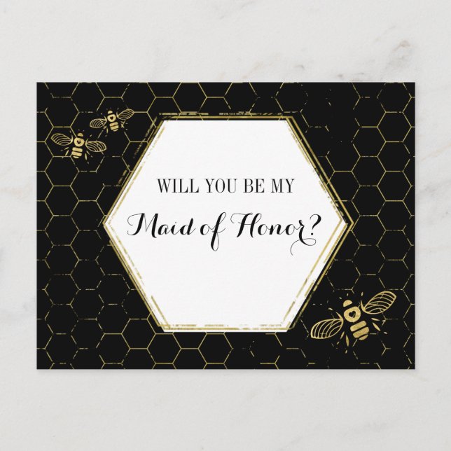 Honey Bee Black Gold Custom Maid of Honour Proposa Invitation Postcard (Front)