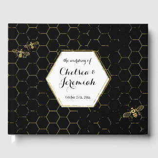 Honey Bee Black Gold Pattern Custom Wedding Guest Book
