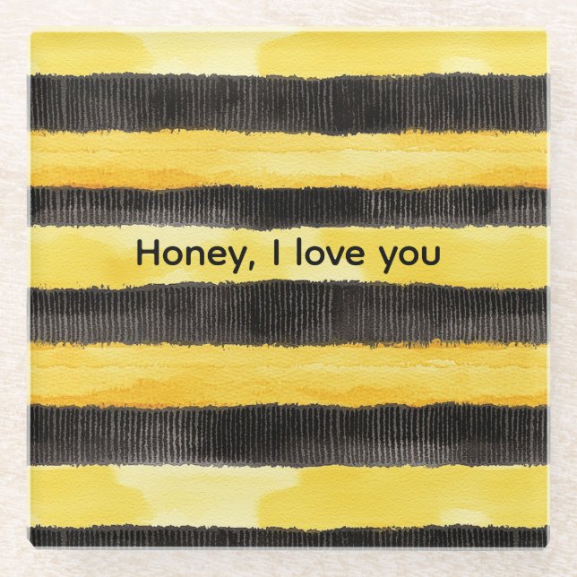 Honey Bee Black Gold Yellow Christmas Glass Coaster (Front)