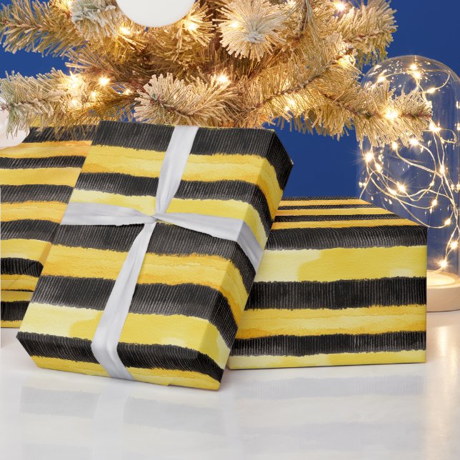 Honey Bee Black Gold Yellow Christmas Wrapping Paper (Holidays)