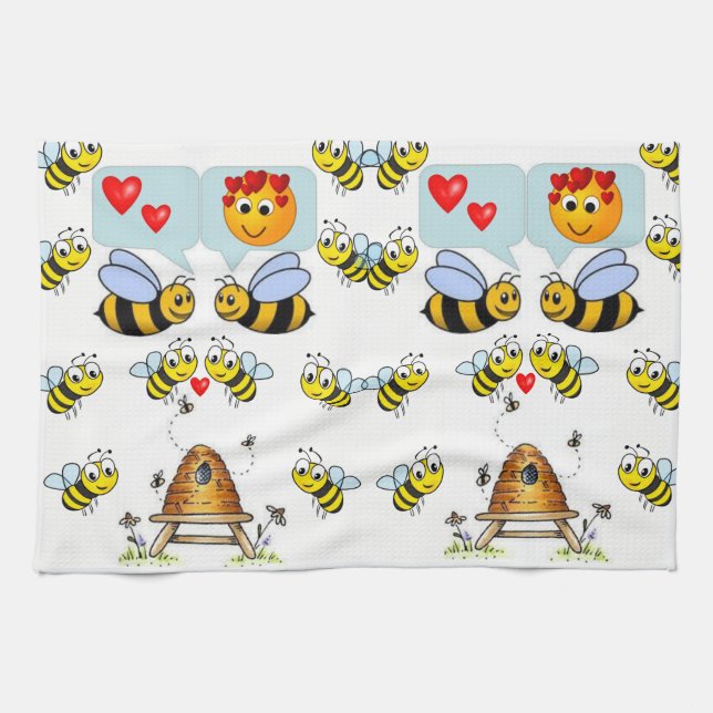Honey bee black white decorative kitchen towel (Horizontal)