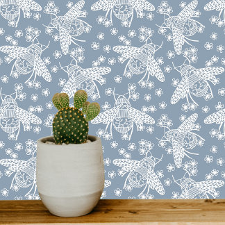Honey Bee Blue and White Wallpaper