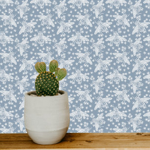 Honey Bee Blue and White Wallpaper