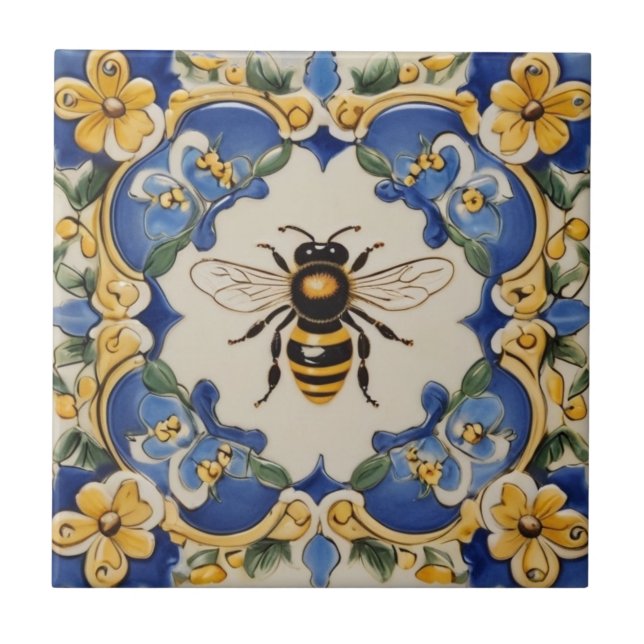 Honey Bee Blue and Yellow Decorative Ornate Tile (Front)