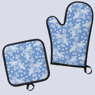 Honey Bee Blue Oven Mitt & Pot Holder Set