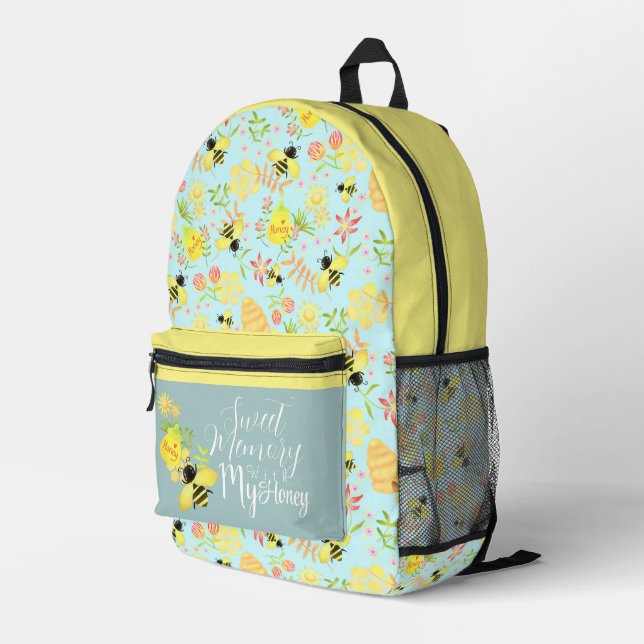 Honey Bee Blue Printed Backpack (Back Corner Right)