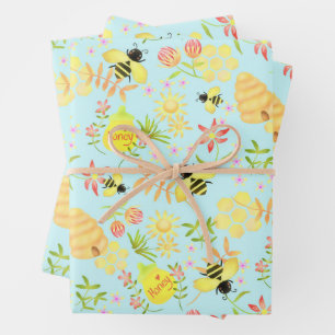 Honey Bee Blue Wrapping Paper Sheet