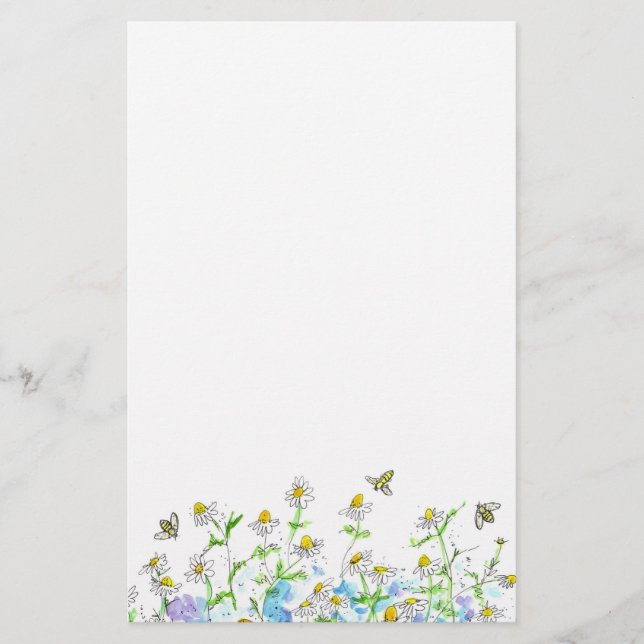 Honey Bee Chamomile Flower Garden Art Stationery (Front)