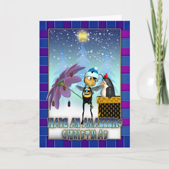 Honey Bee Christmas Card - Honey Bee And Penguin (Front)