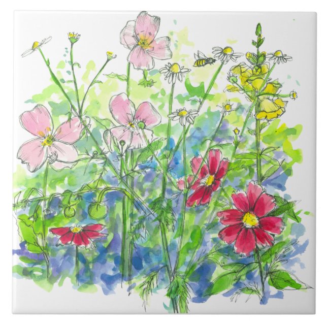 Honey Bee Cosmos Snapdragons Pink Wildflowers Tile (Front)
