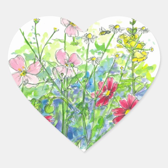 Honey Bee Cosmos Snapdragons Watercolor Flowers Heart Sticker (Front)