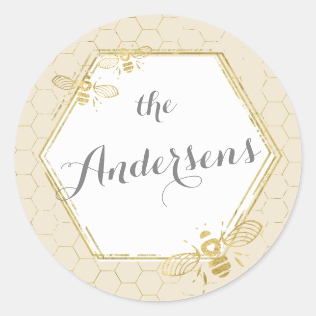 Honey Bee Cream Gold Custom Name Sticker Wedding (Front)