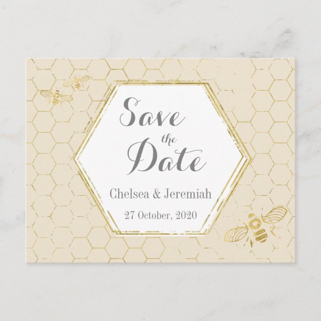 Honey Bee Cream Gold Pattern Save the Date Postcard (Front)