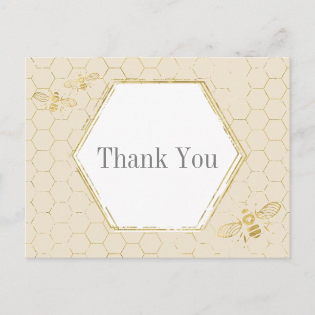 Honey Bee Cream Gold Pattern Thank You Postcard (Front)