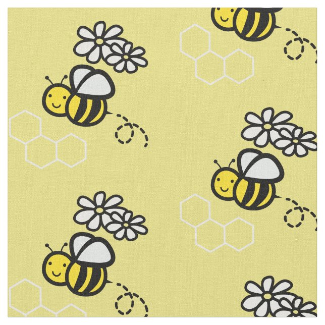 Honey Bee & Daisy Pattern Yellow Fabric (Close Up)
