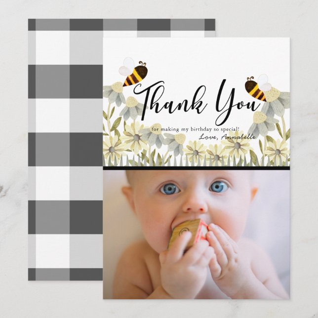Honey Bee Daisy White Photo Thank You Card (Front/Back)