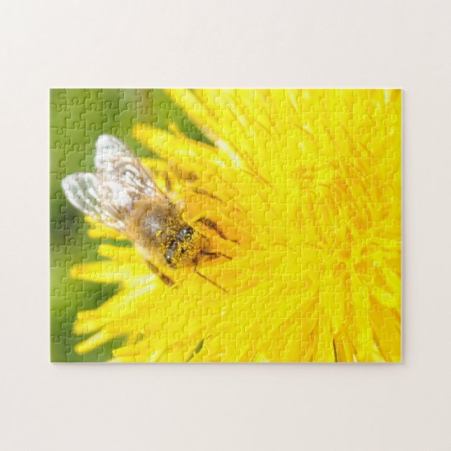 Honey Bee Dandelion Beautiful Sunny Yellow Macro Jigsaw Puzzle (Horizontal)
