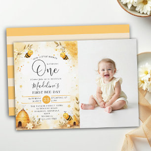 Honey Bee-Day Watercolor Cute Photo 1st Birthday Invitation